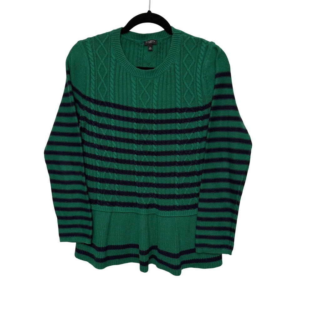 Talbots Petites Green Navy Blue Striped Cable Knit Cashmere Blend Sweater LP